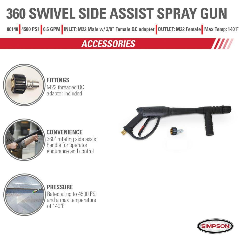 Simpson Cold Water Spray Gun 360 Degree Rotating Side Assist Handle 4500-PSI