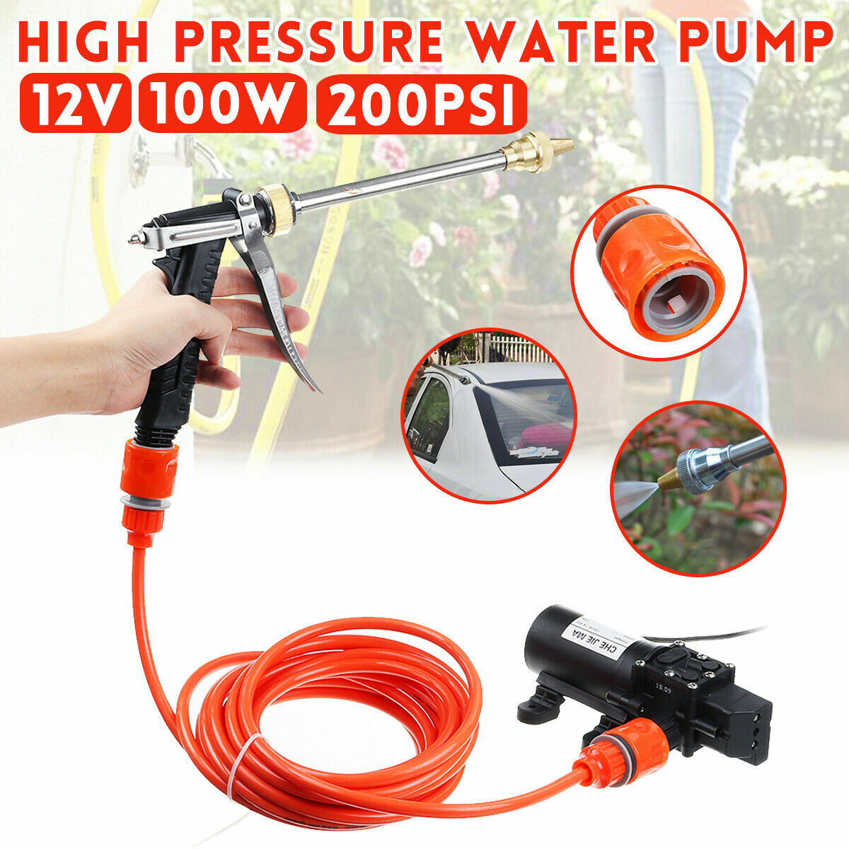 200PSI High Pressure Car Washer Cleaner Water Wash Pump Sprayer Tool w/ 6M Tube
