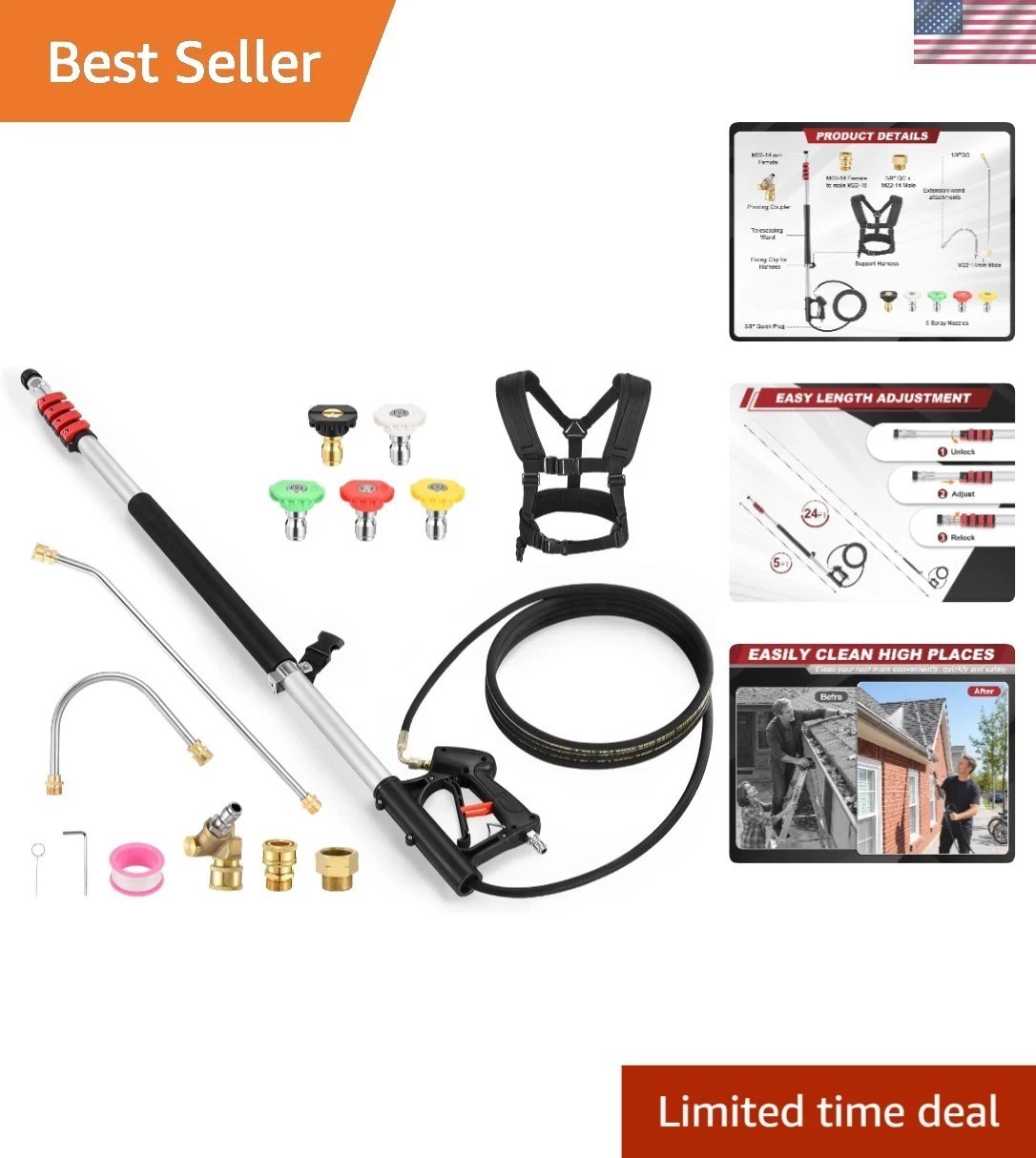 24FT Telescoping Pressure Washer Wand with 5 Nozzles for Effortless Cleaning