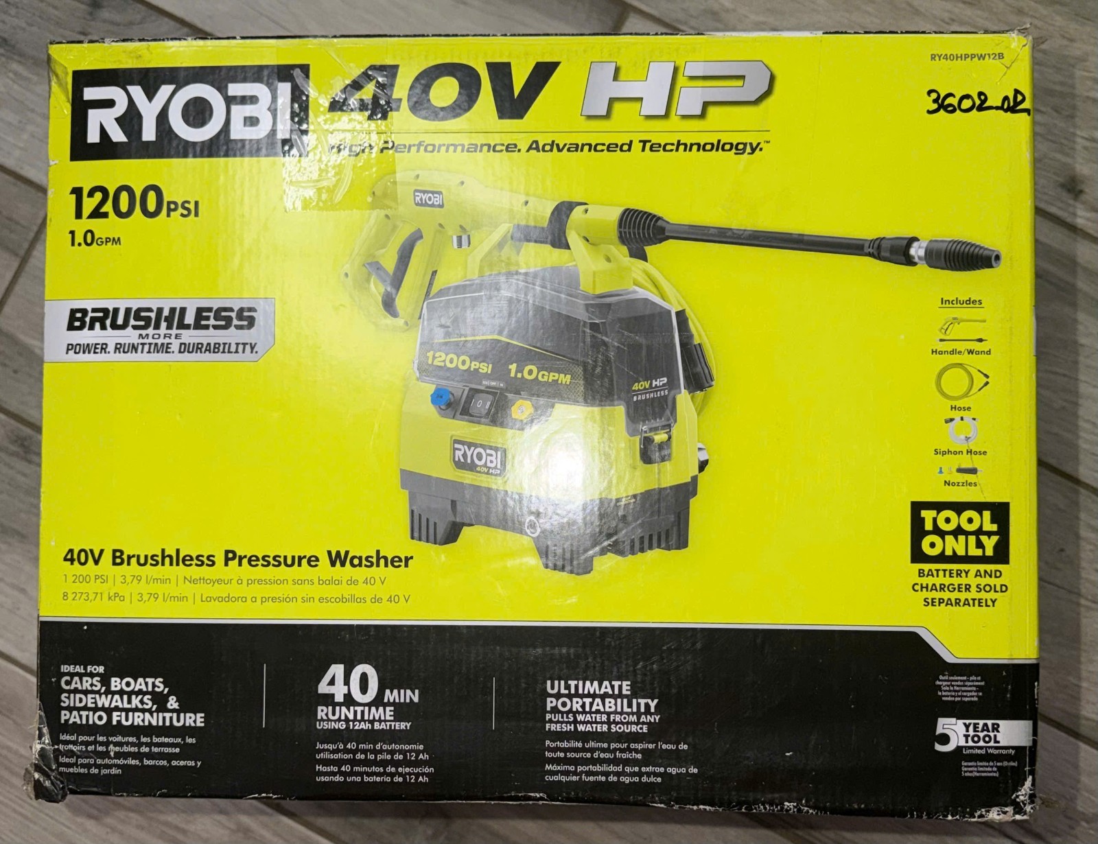 RYOBI RY40HPPW12B 40V HP 1200 PSI 1.0 GPM Pressure Washer (Tool Only)