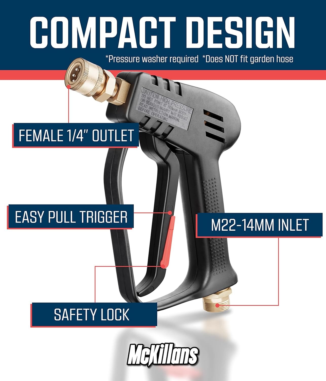 Short Pressure Washer Gun with Replacement M22 Inlet- High Pressure Water Handle