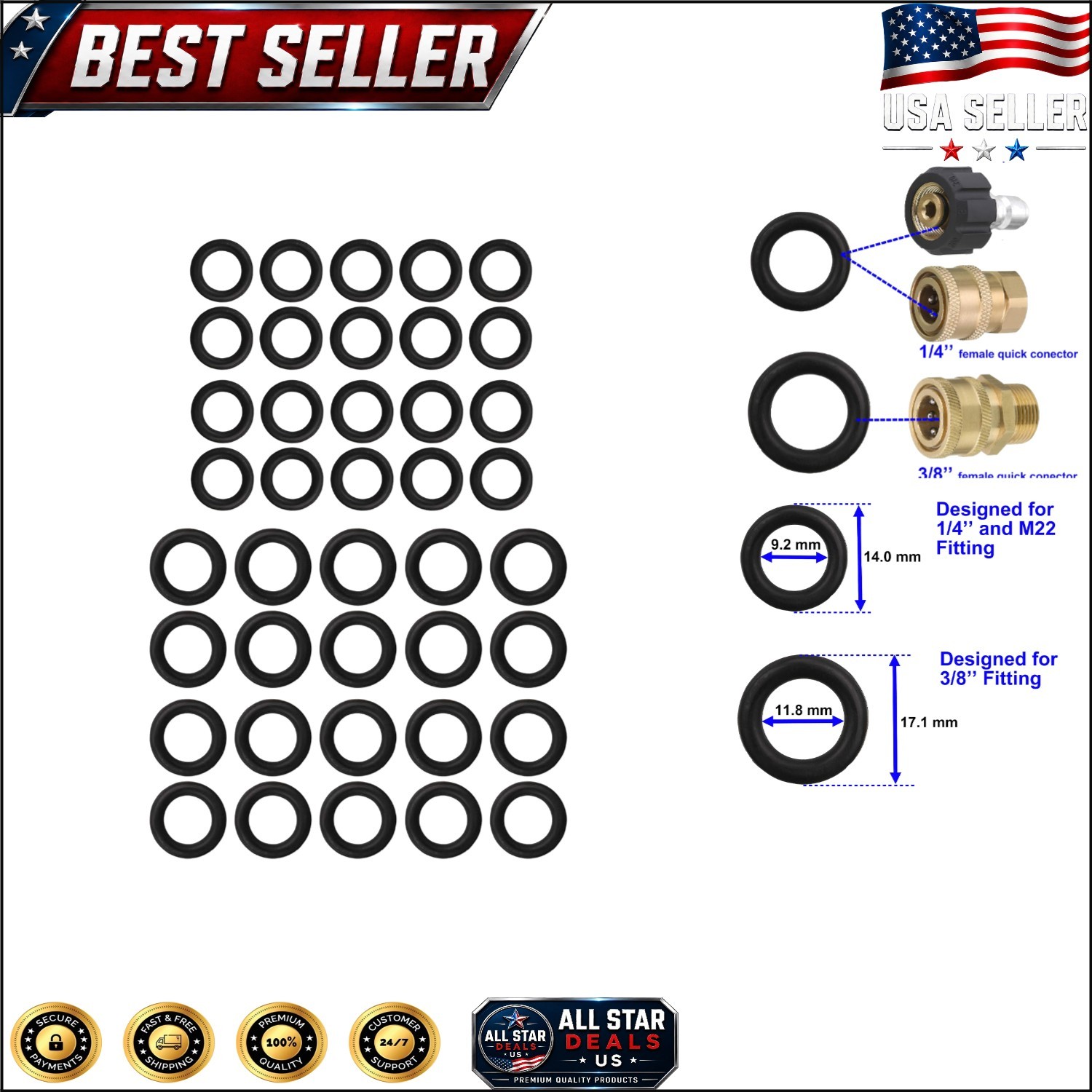 40-Pack Durable Pressure Washer O-Rings for 1/4’’ & 3/8’’ Fittings – NBR Rubber