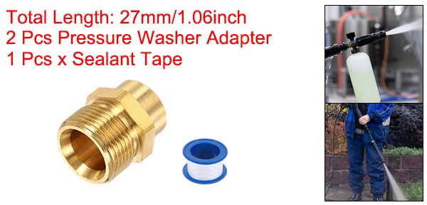 2 Pcs M22 14mm Male to M14 Female Brass Pressure Washer Adapter with Tape
