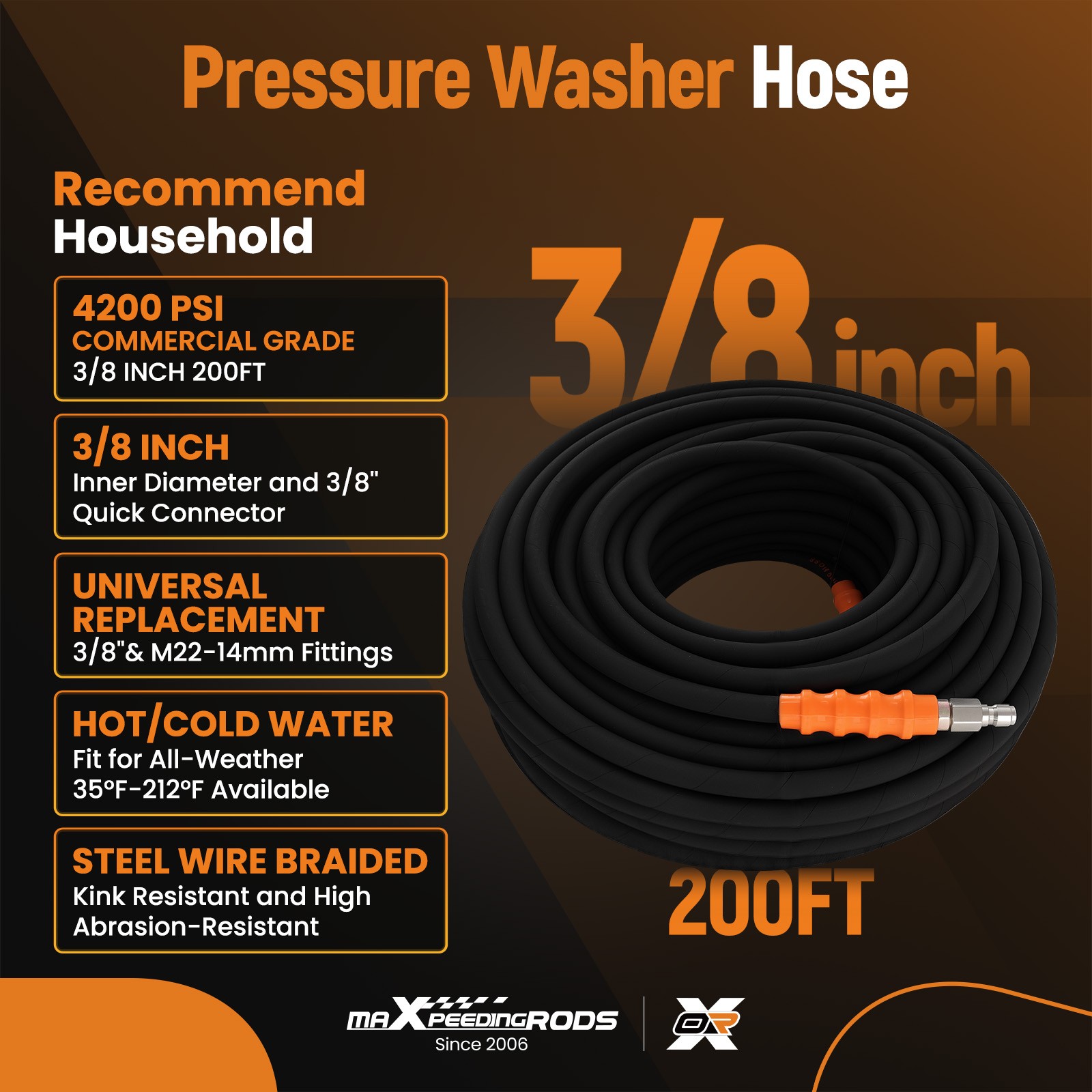 200FT 4800PSI Pressure Washer Hose for Simpson Generac 3/8″ Steel Wire Braid