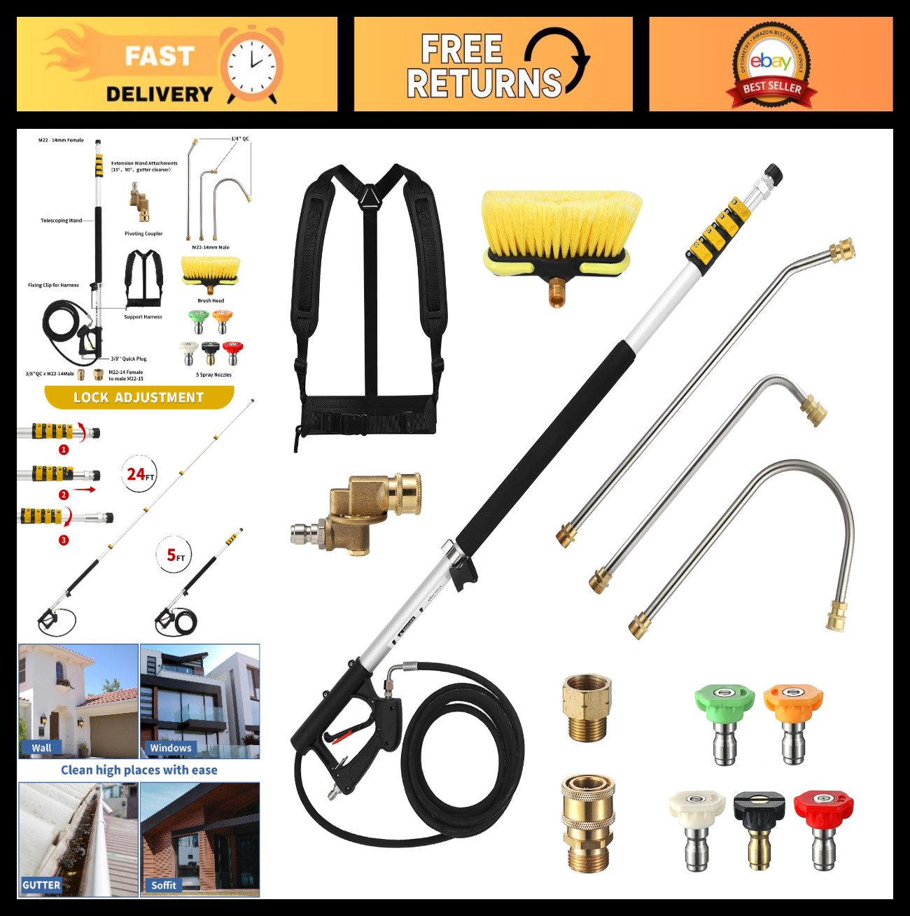 24FT Telescoping Pressure Washer Wand, Extension with Brush, Gutter Cleaner & No