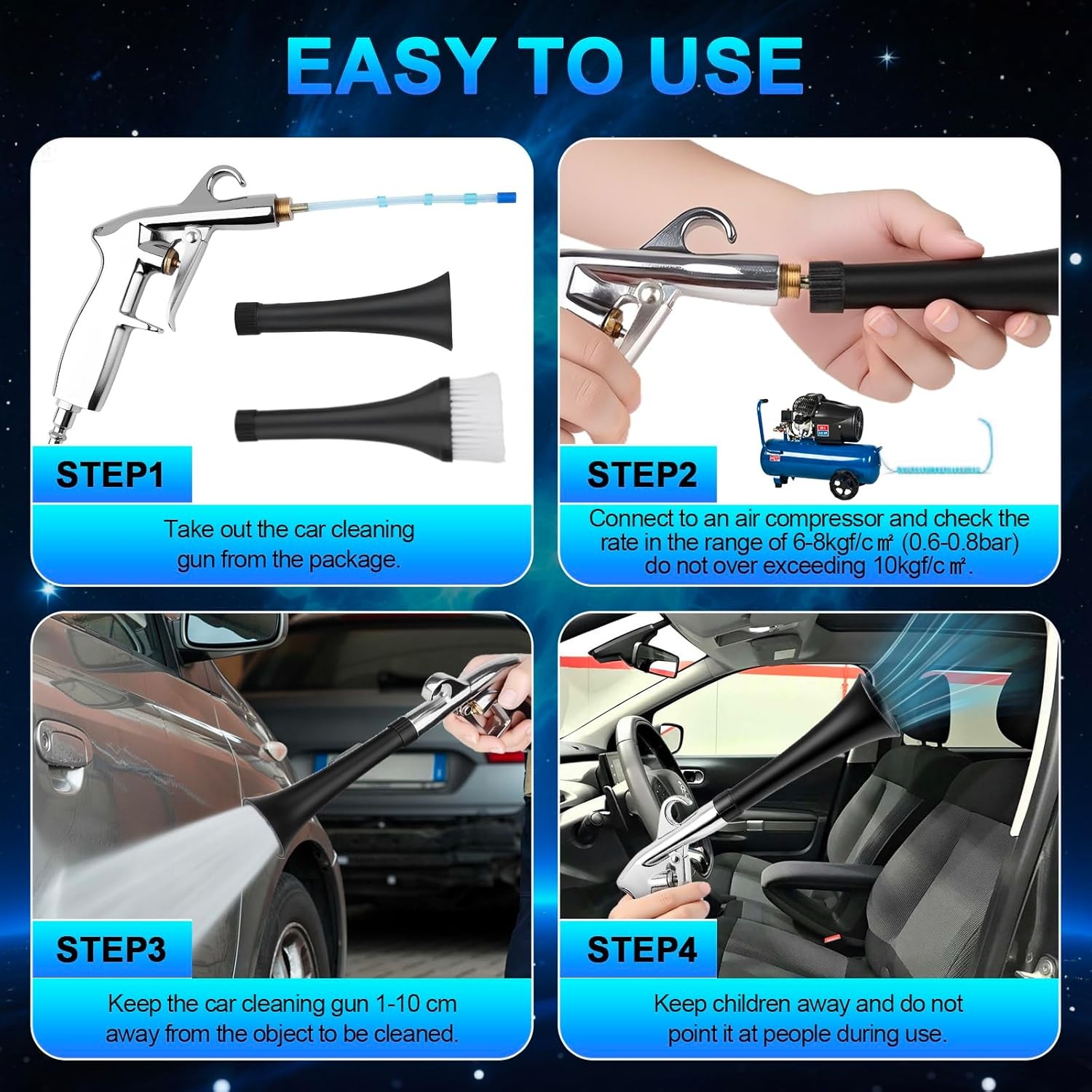 Car Dust Blower Gun Nozzle Dual Tool for Dashboard Carpet Engine Dirt Cleaning