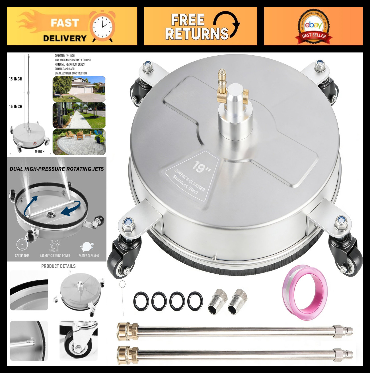 19″ Pressure Washer Surface Cleaner – 4 Wheels, Stainless Steel, 4000 PSI, Quick