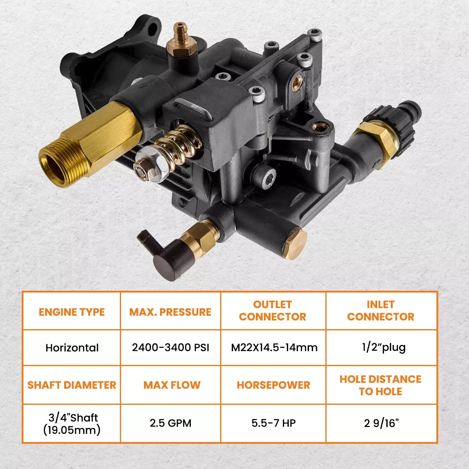 3400 PSI Power Pressure Washer Pump for 3/4″ Shaft Horizontal Washer Pump 2.5GPM