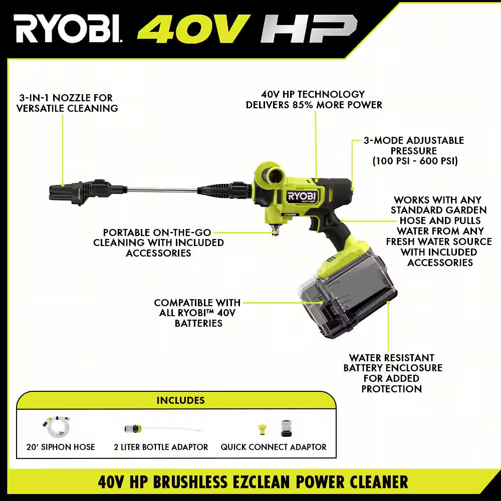 40V HP Brushless Ezclean 600 PSI 0.7 GPM Cordless Battery Cold Water Power Clean