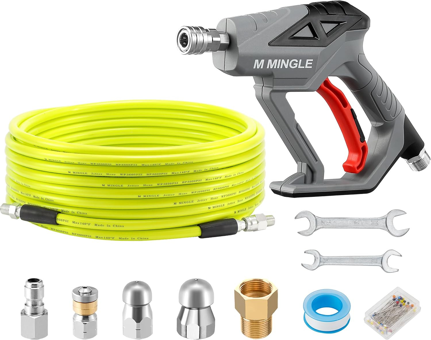 M MINGLE Sewer Jetter Kit for Pressure Washer 50 FT, Drain Cleaner Hose with Pow