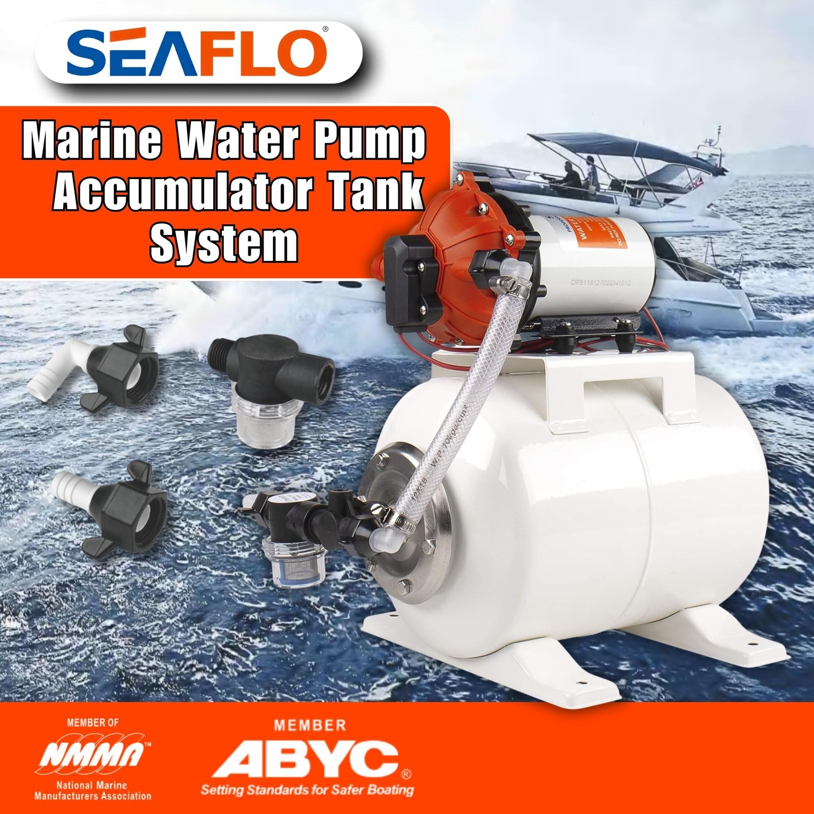 SEAFLO Marine Water Pump 12 V DC 60 PSI 5.5 GPM 2 Gallon Accumulator Tank Sys…