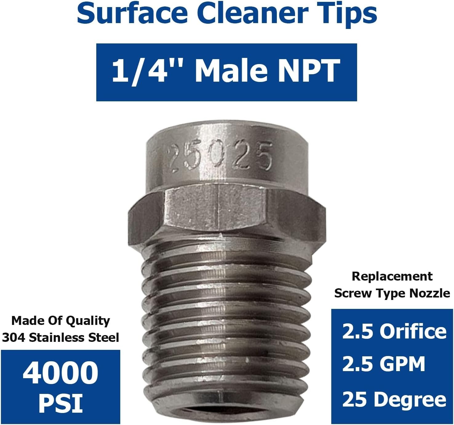 4-Pack Stainless Steel Pressure Washer Nozzle Tips, 4000 PSI, 25° Spray, 2.5 GPM