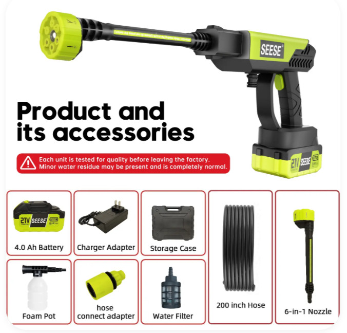 SEESE Cordless Pressure Washer Portable 6-in-1 Nozzle Battery Power Cleaner Box