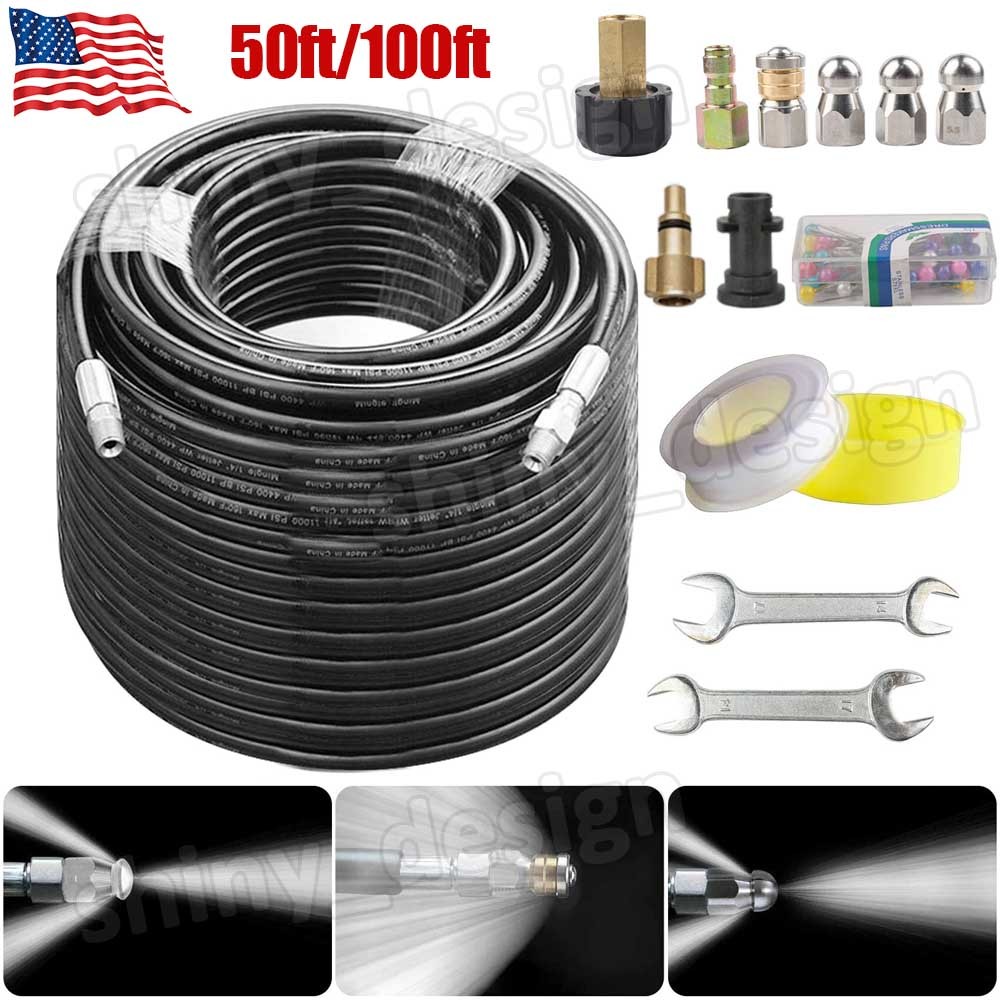 50/100′ Sewer Jetter Nozzles Kit Drain Cleaning Hose For Pressure Washer 5800PSI
