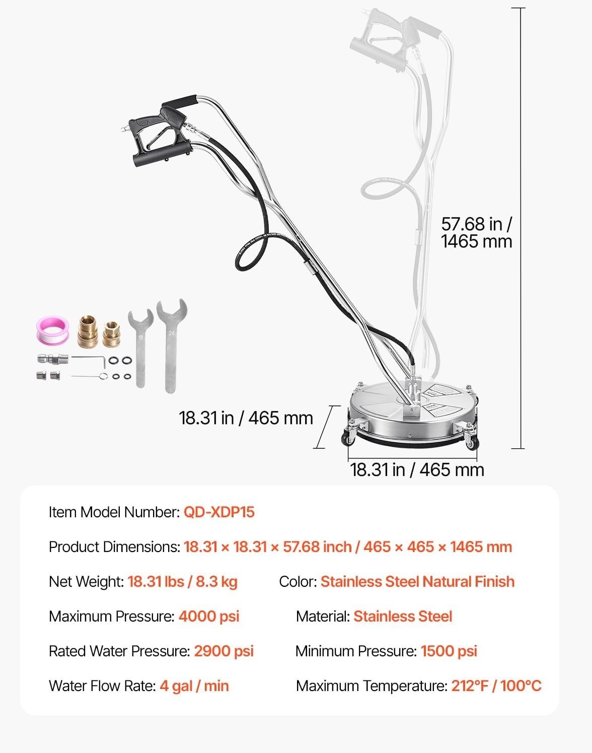 Professional 4000 PSI Stainless Steel Surface Cleaner with Dual Handle & Wheels