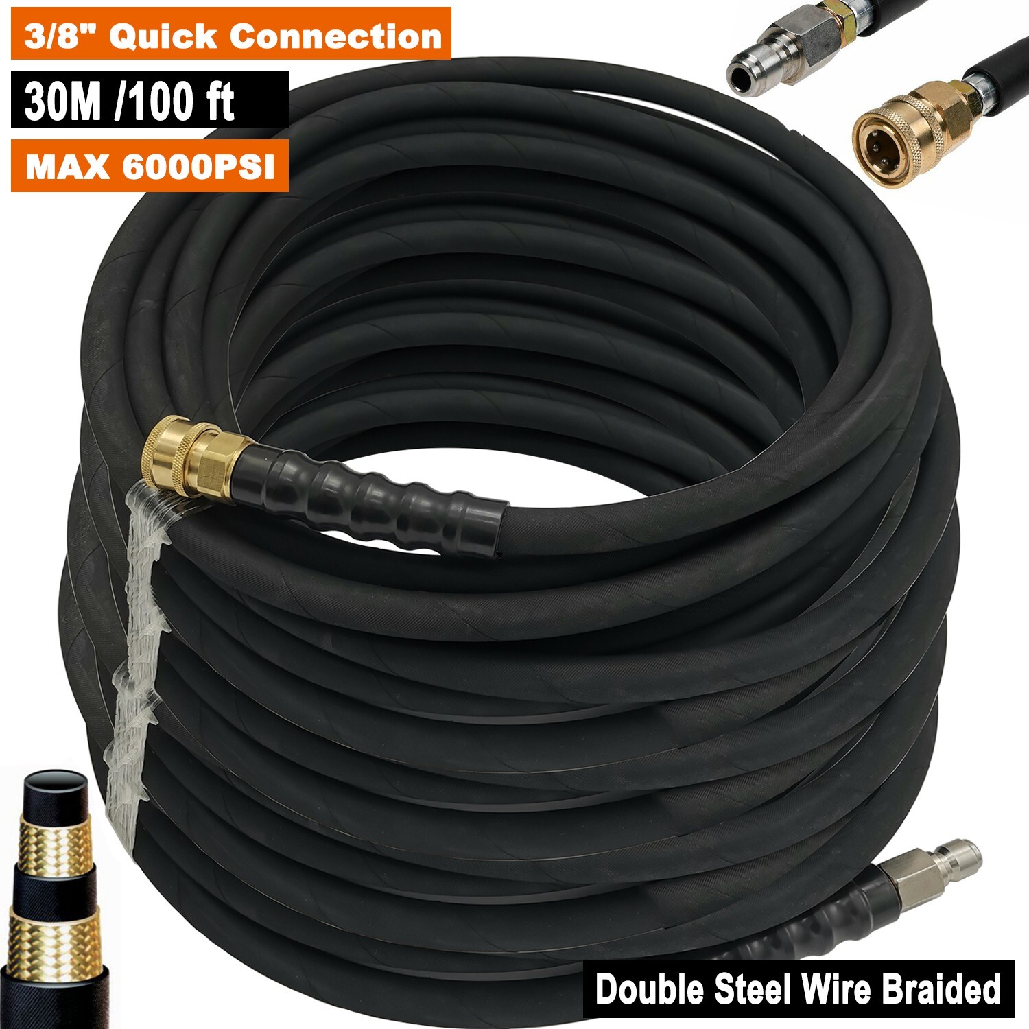 Hot Water Pressure Washer Hose 3/8″ x 100ft 6000 psi Non-Marking 2-Braid Black