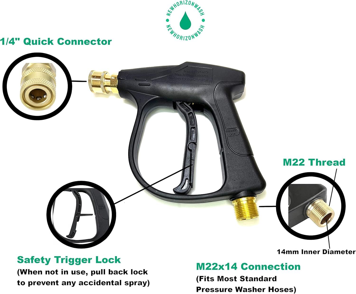 1/4″ High Pressure Washer Gun 4000 PSI Car Wash Foam Spray Short Wand w/5 Nozzle