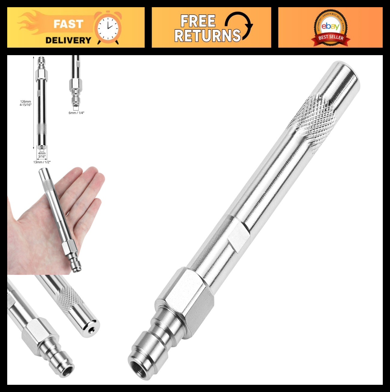 Long Range Pressure Washer Nozzle, Stainless Steel Shooter Tip, 1000-6000 PSI, 1