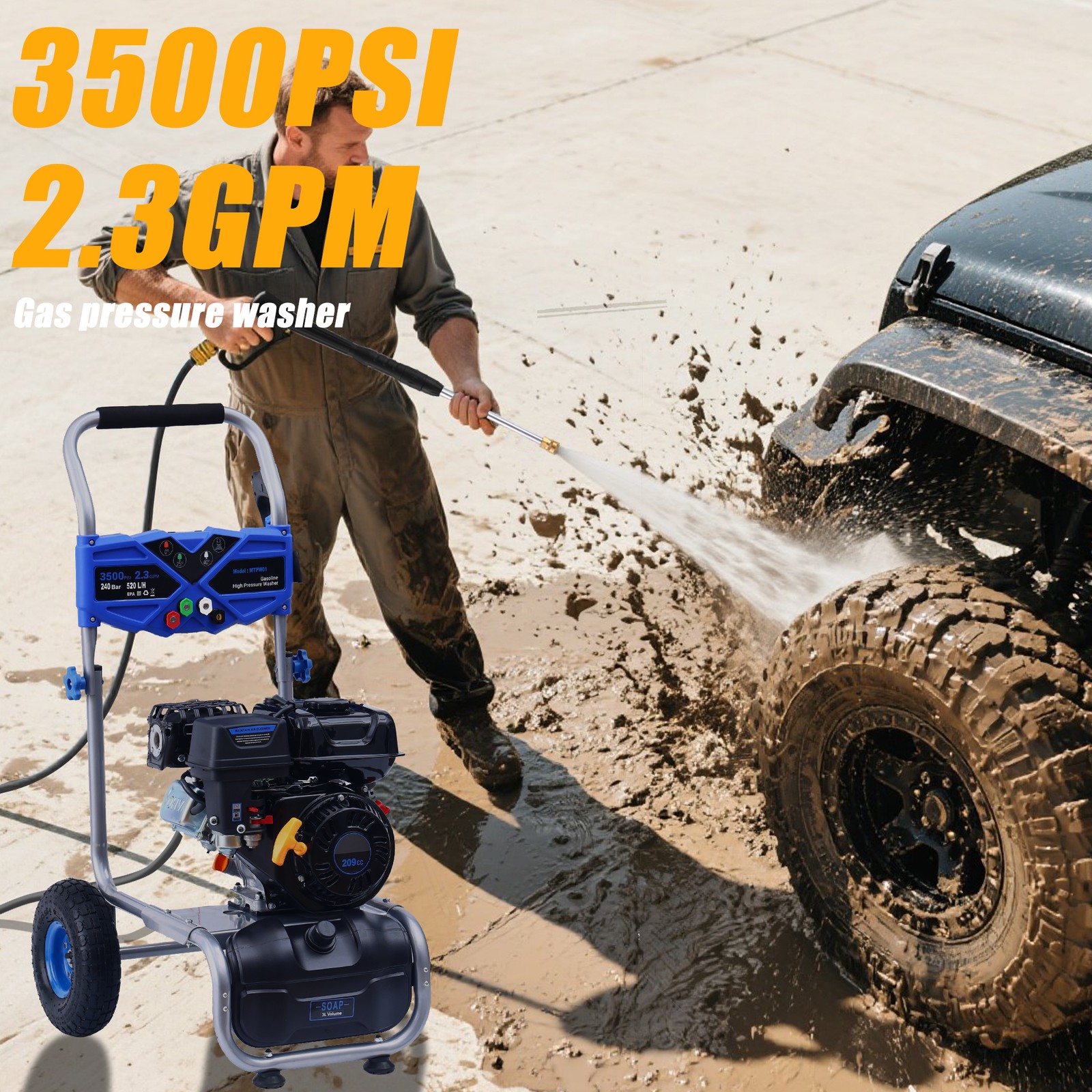 Gas Pressure Washer Gas Powered Washer with 4 Nozzles&Soap Tank 3500 PSI 2.3 GPM