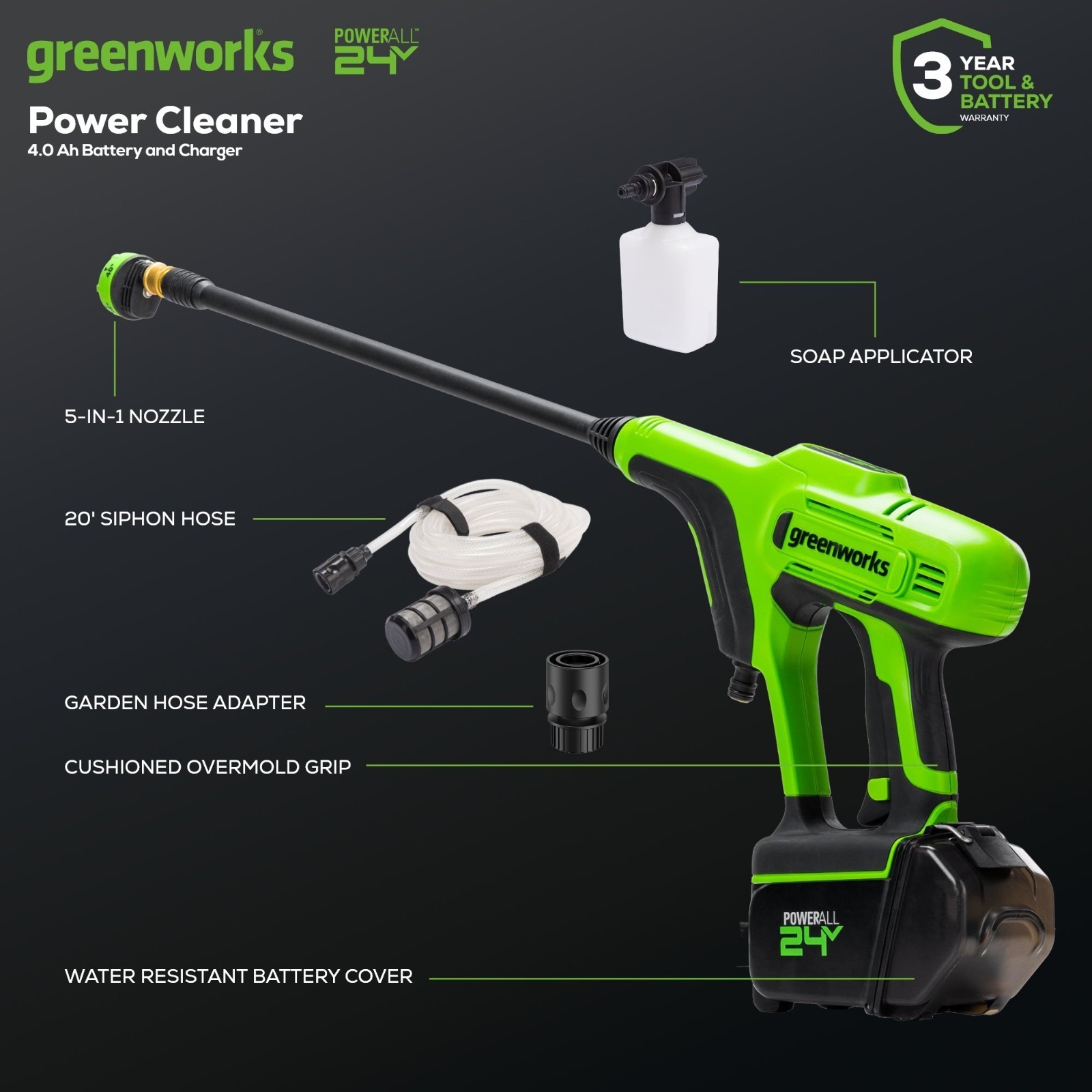 Greenworks 24V Cordless Pressure Washer 600PSI 0.8GPM w/ 4Ah Battery and Charger