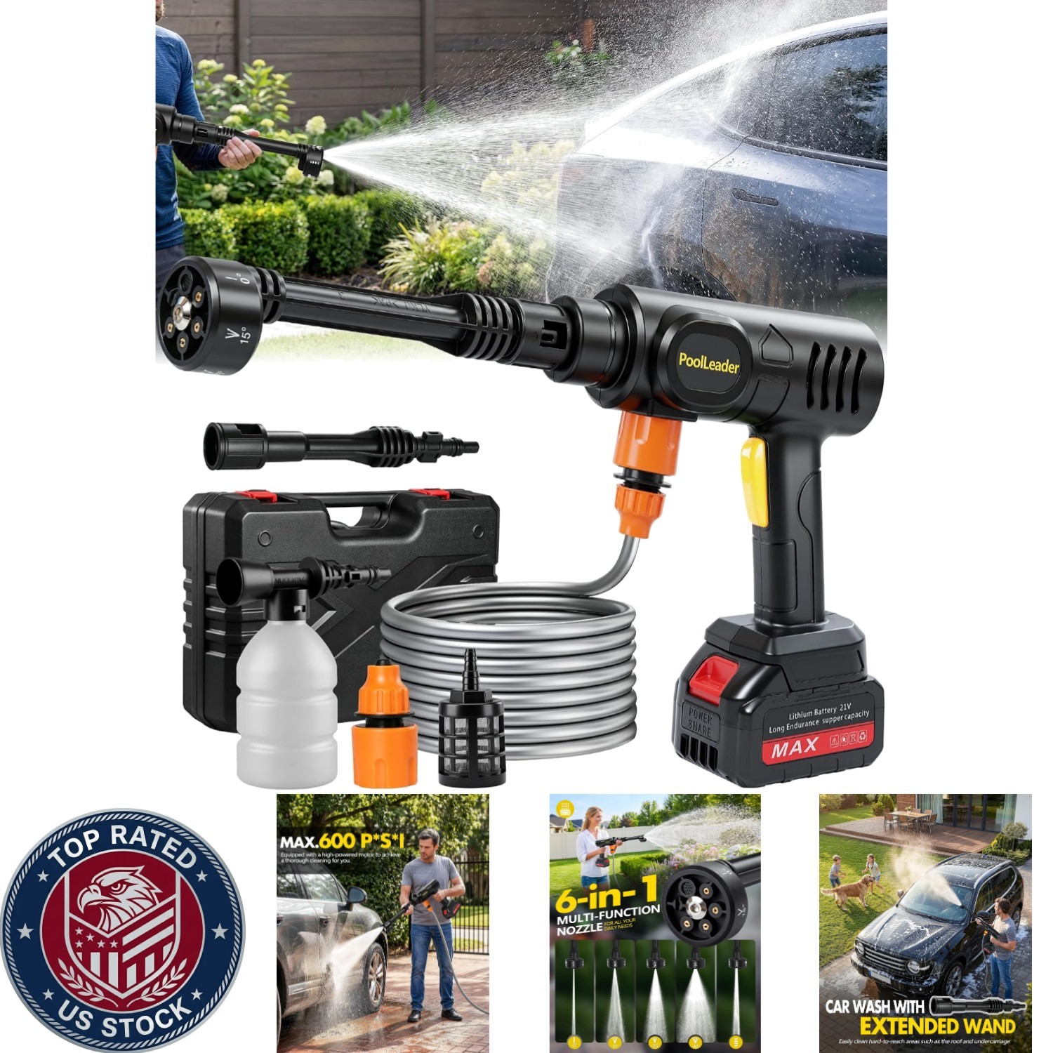 Cordless Car Cleaning Tool – 6-in-1 Nozzle & Foam Cannon for Portable Wash