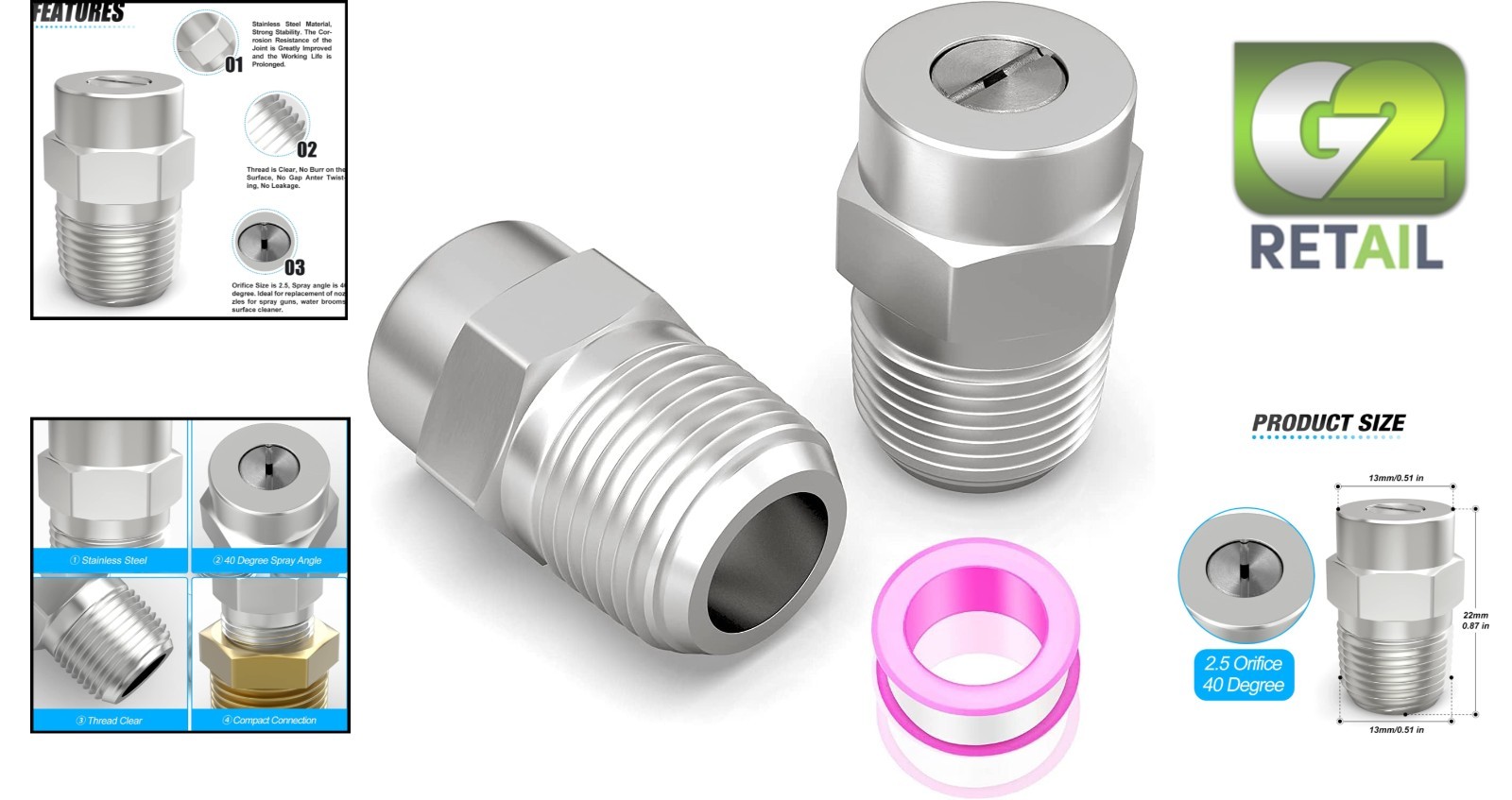 High-Performance 40° Surface Cleaner Nozzles, 4000 PSI – 2 Pack with Teflon Tape