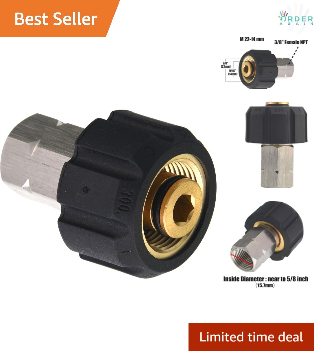 Pressure Washer Adapter M22 Female to 3/8 Inch NPT Fitting Stainless Steel 45…