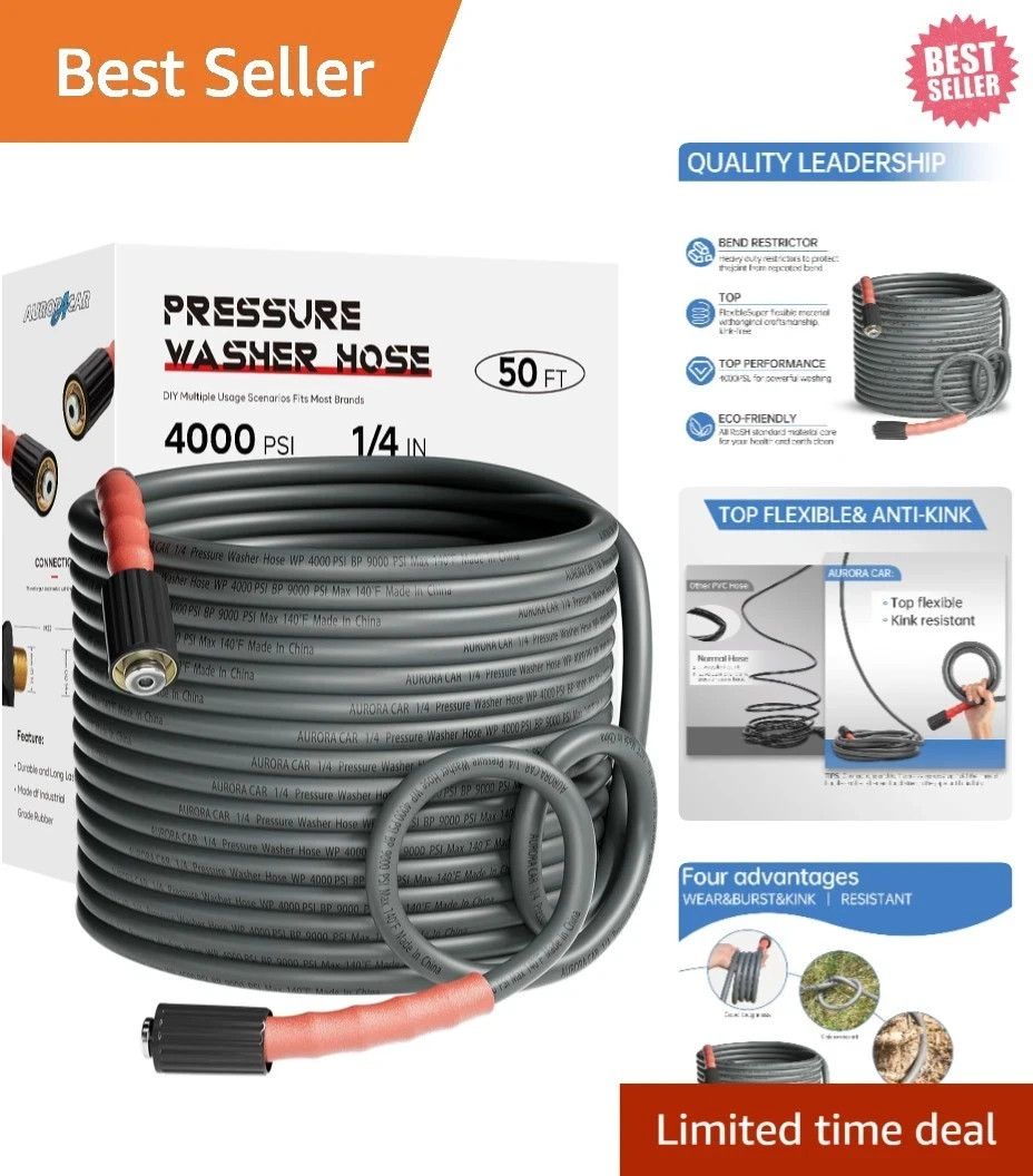Heavy-Duty 50FT Pressure Washer Hose, Kink Resistant, M22 Fittings – 4000 PSI