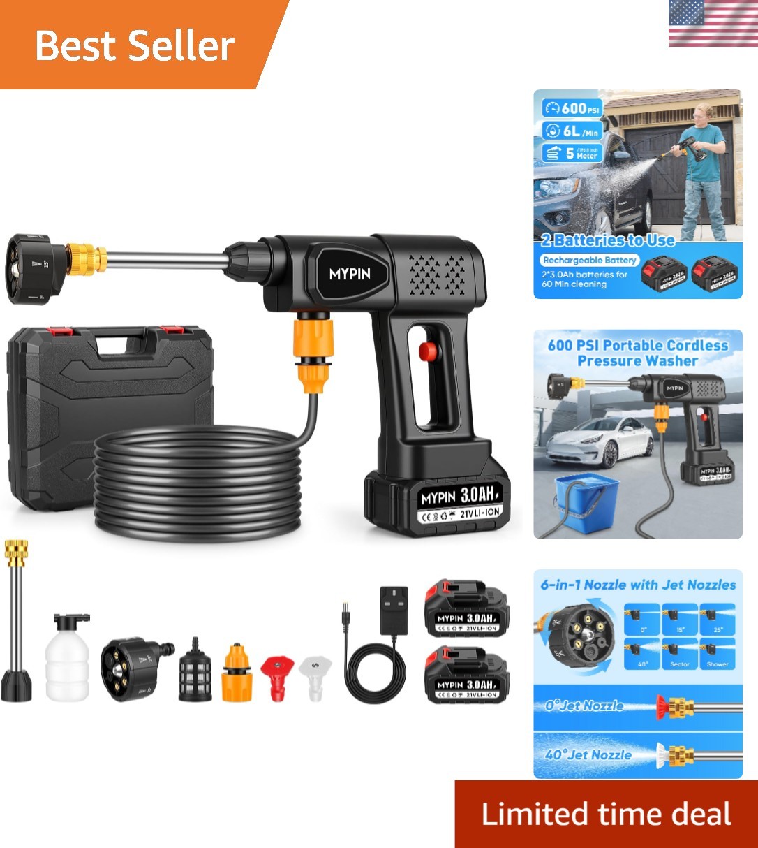 Portable 600PSI Cordless Pressure Washer – 6-in-1 Nozzle for Versatile Cleaning