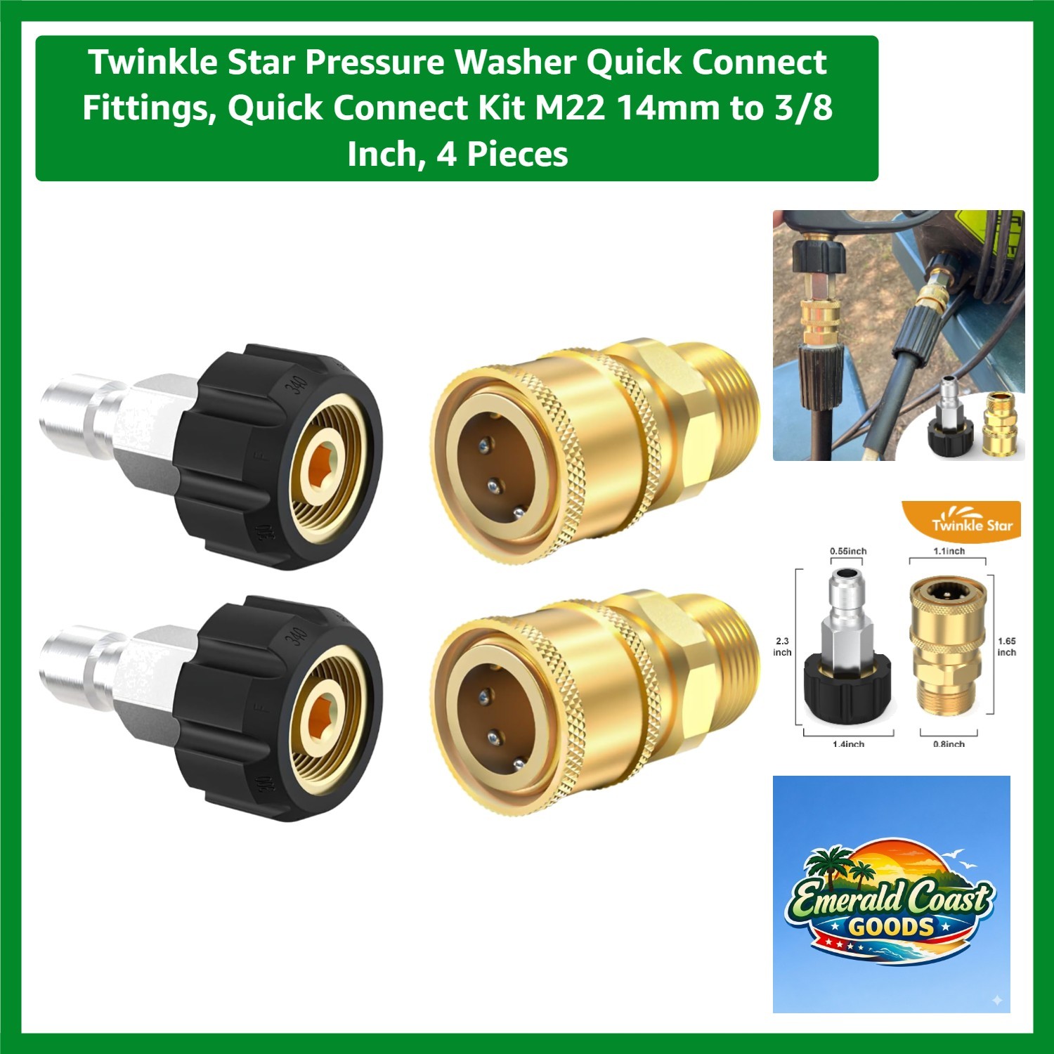 Pressure Washer Quick Connect Fittings, Quick Connect Kit M22 14mm to 3/8 Inc…