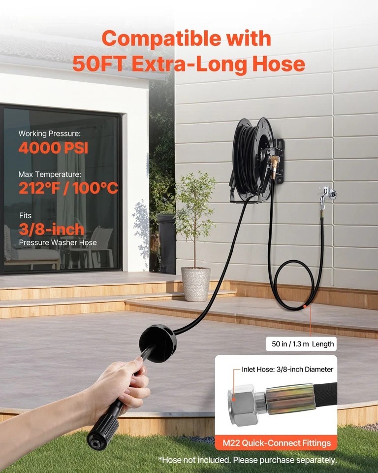 Retractable Pressure Washer Hose Reel 3/8″ x 50 ft 4000PSI Auto-Rewinding