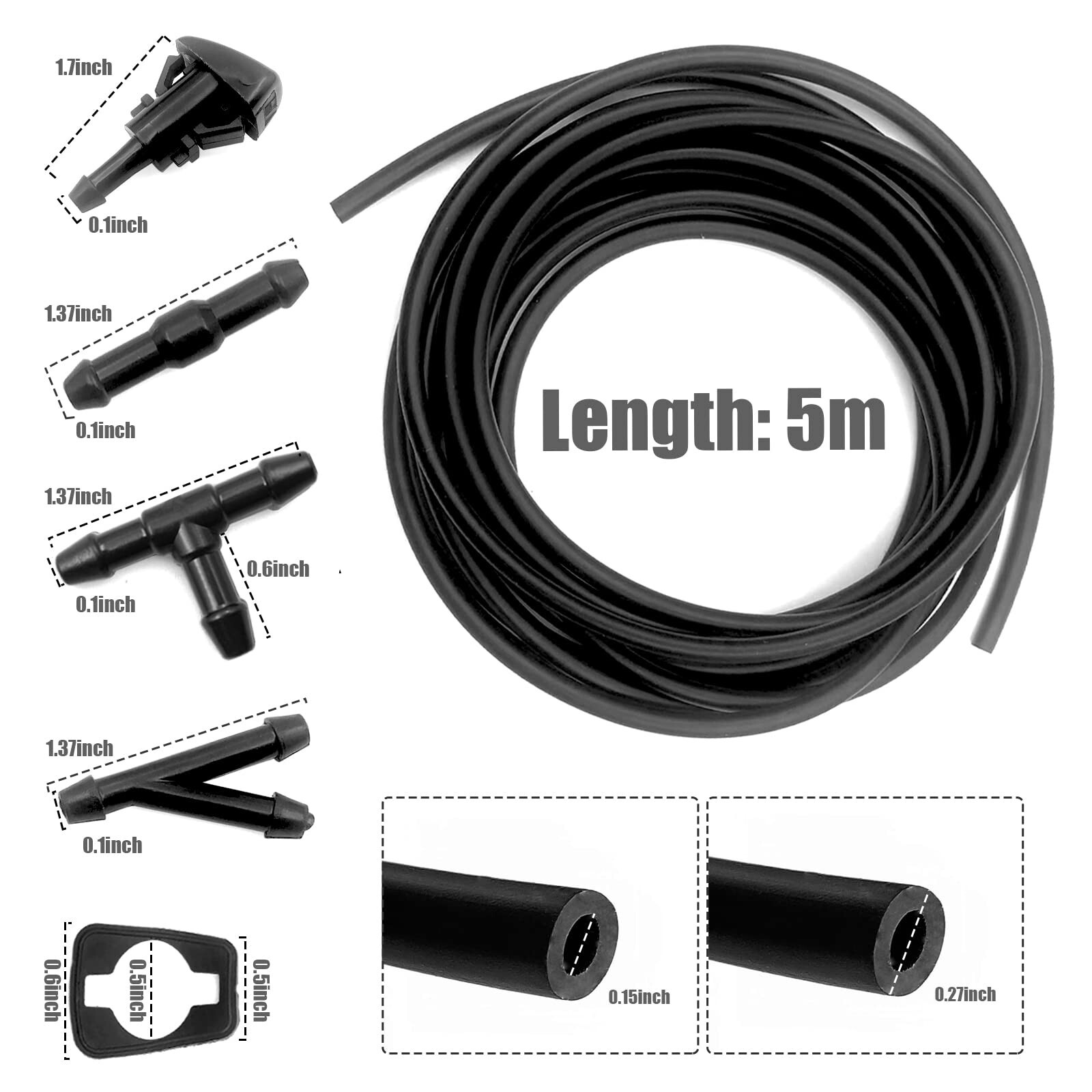 Windshield Washer Hose Kit, 5M Washer Fluid Hose+12 Pcs Hose Connectors+2 Fan No