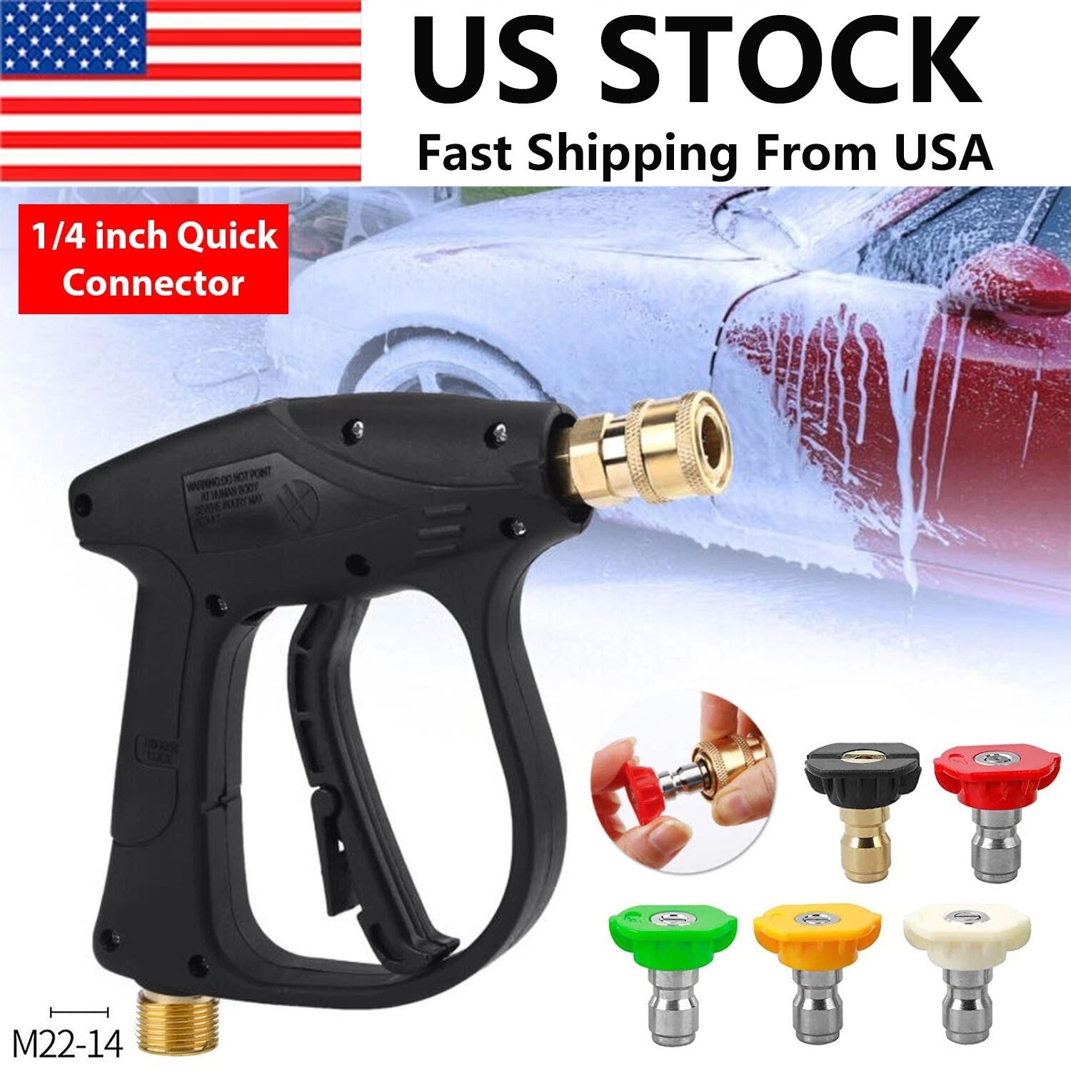 1/4″ High Pressure Car Washer Wash Gun Foam Spray Short Wand w/5 Nozzle 4000 PSI