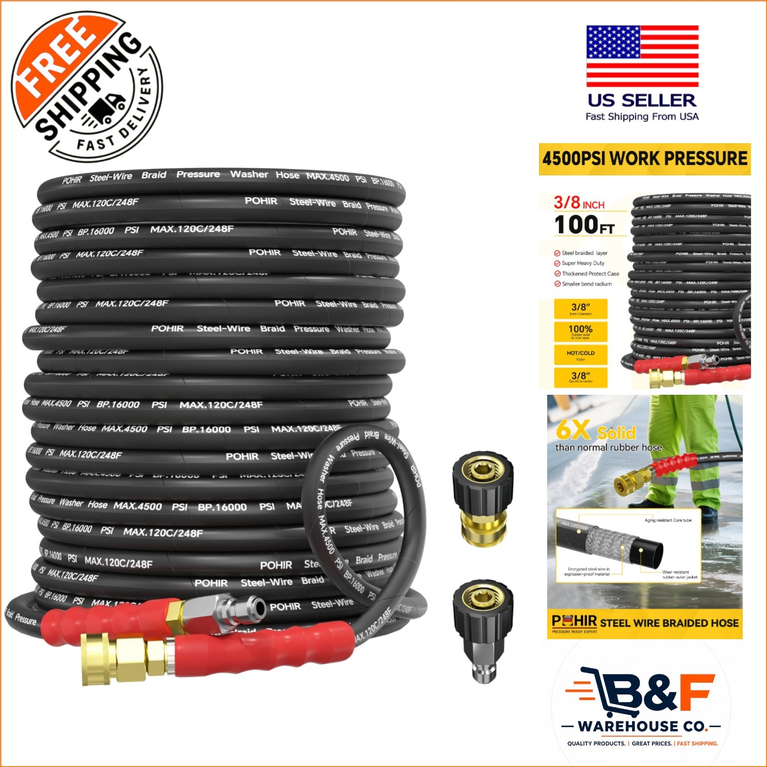 Durable 3/8 Inch Pressure Washer Hose | 4500 PSI, Steel Braided & 2 M22 Adapters