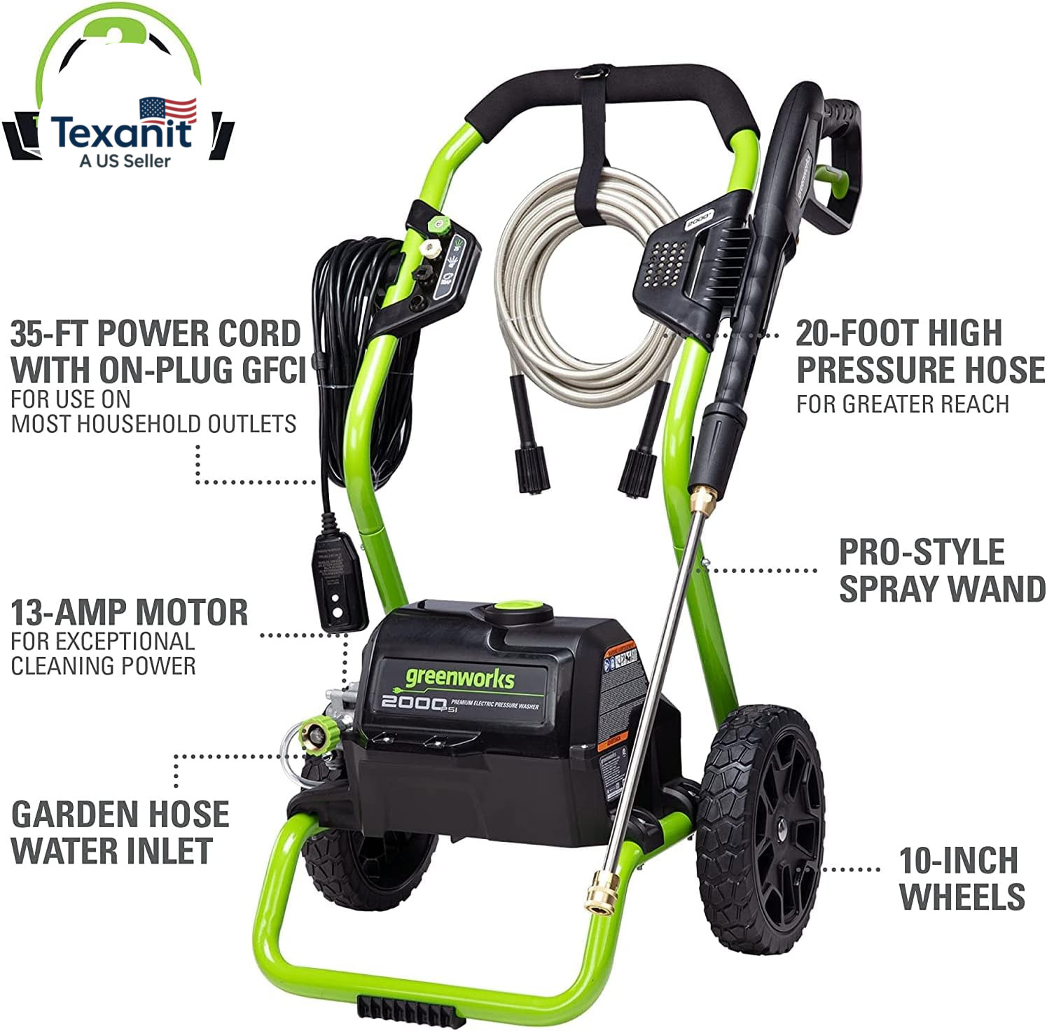 2000 PSI (13 Amp) Electric Pressure Washer (Wheels for Transport / 20 FT Hose /