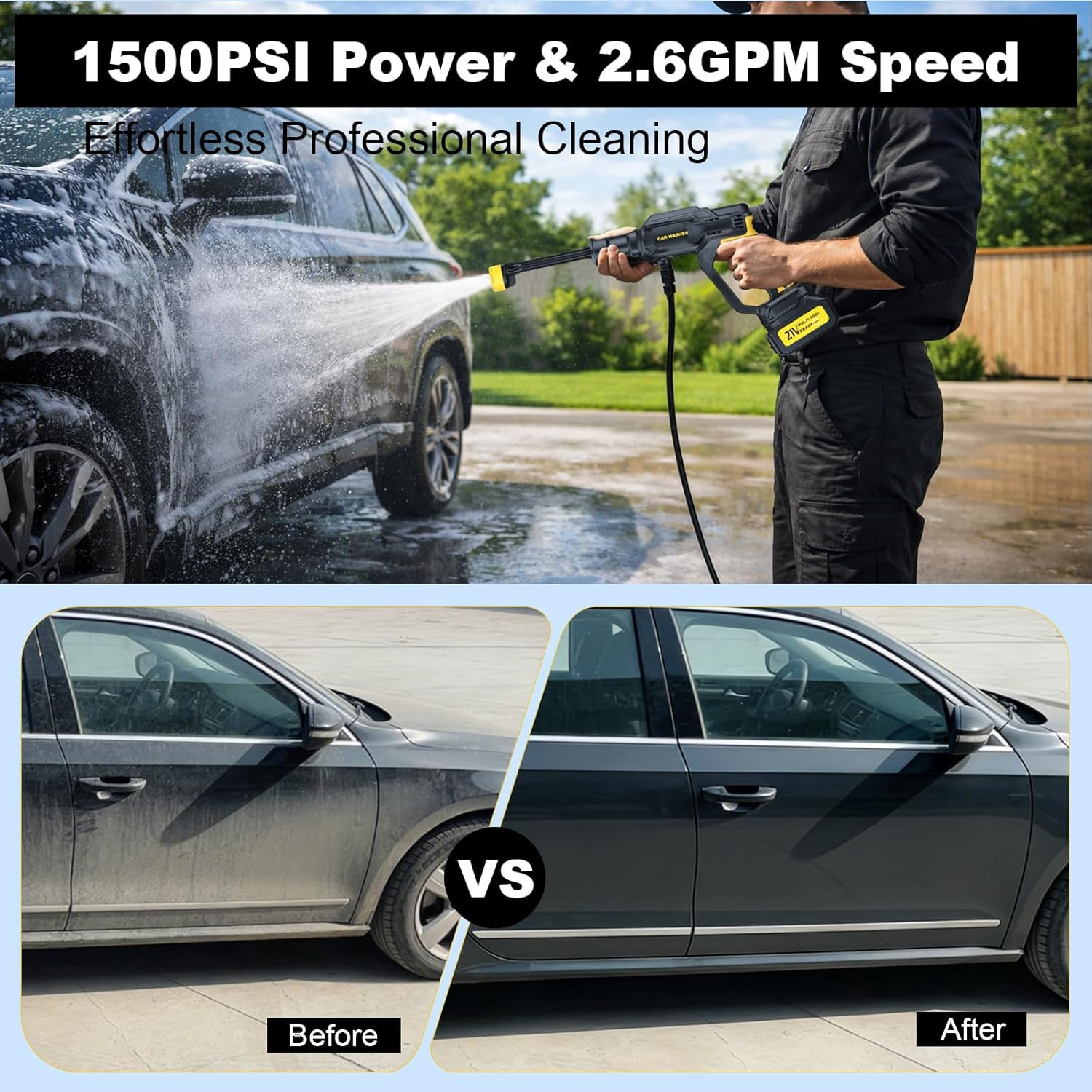 Cordless Portable Pressure Washer 6-in-1 Swivel Nozzle 3-Speed Car Power Cleaner