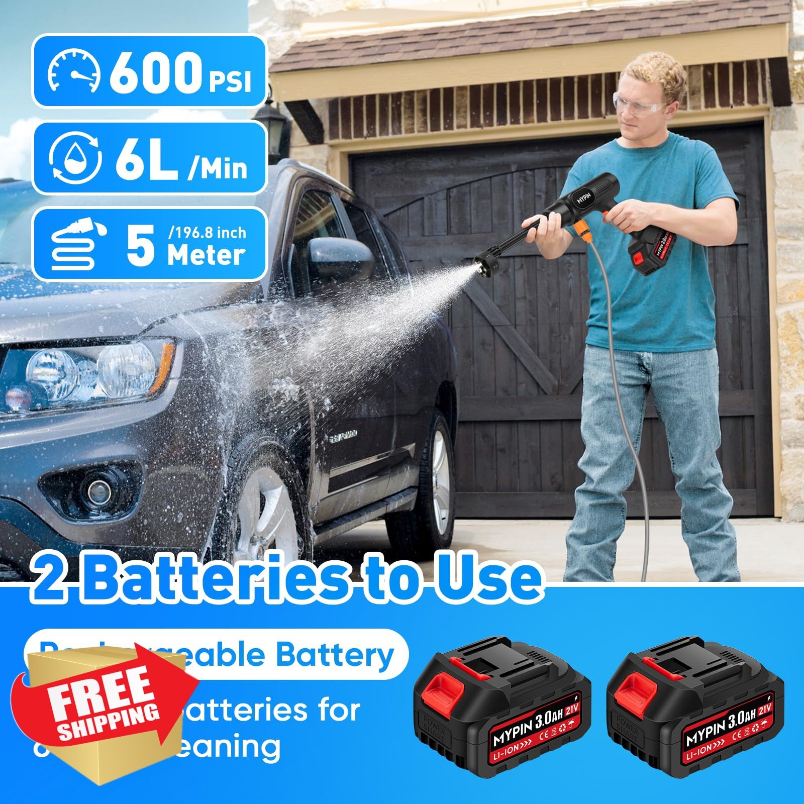 MYPIN Cordless Pressure Washer 600PSI 21V 2×3.0Ah