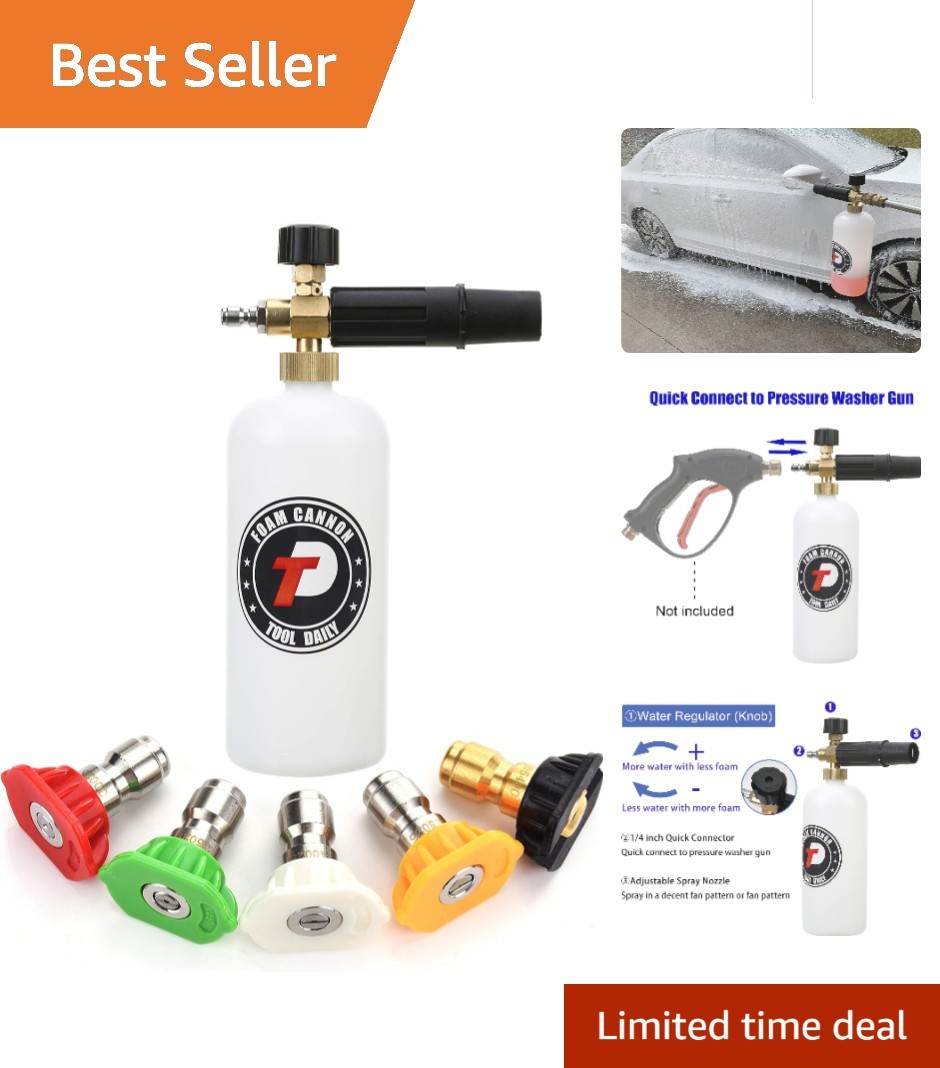 Adjustable 1 Liter Foam Cannon with 5 Nozzle Tips & 1/4