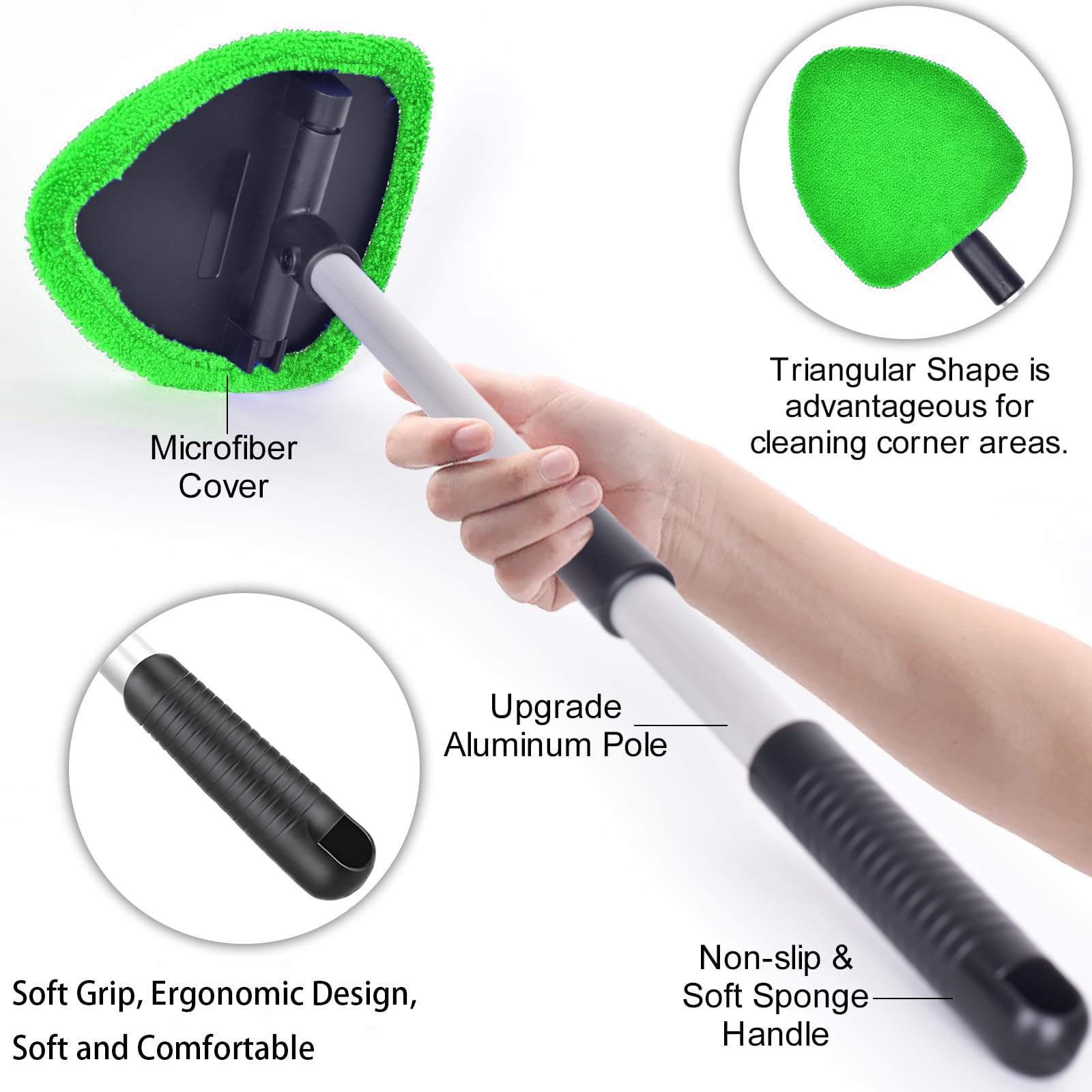 Windshield Cleaning Tool with 4 Reusable Microfiber Pads and Extendable Handle