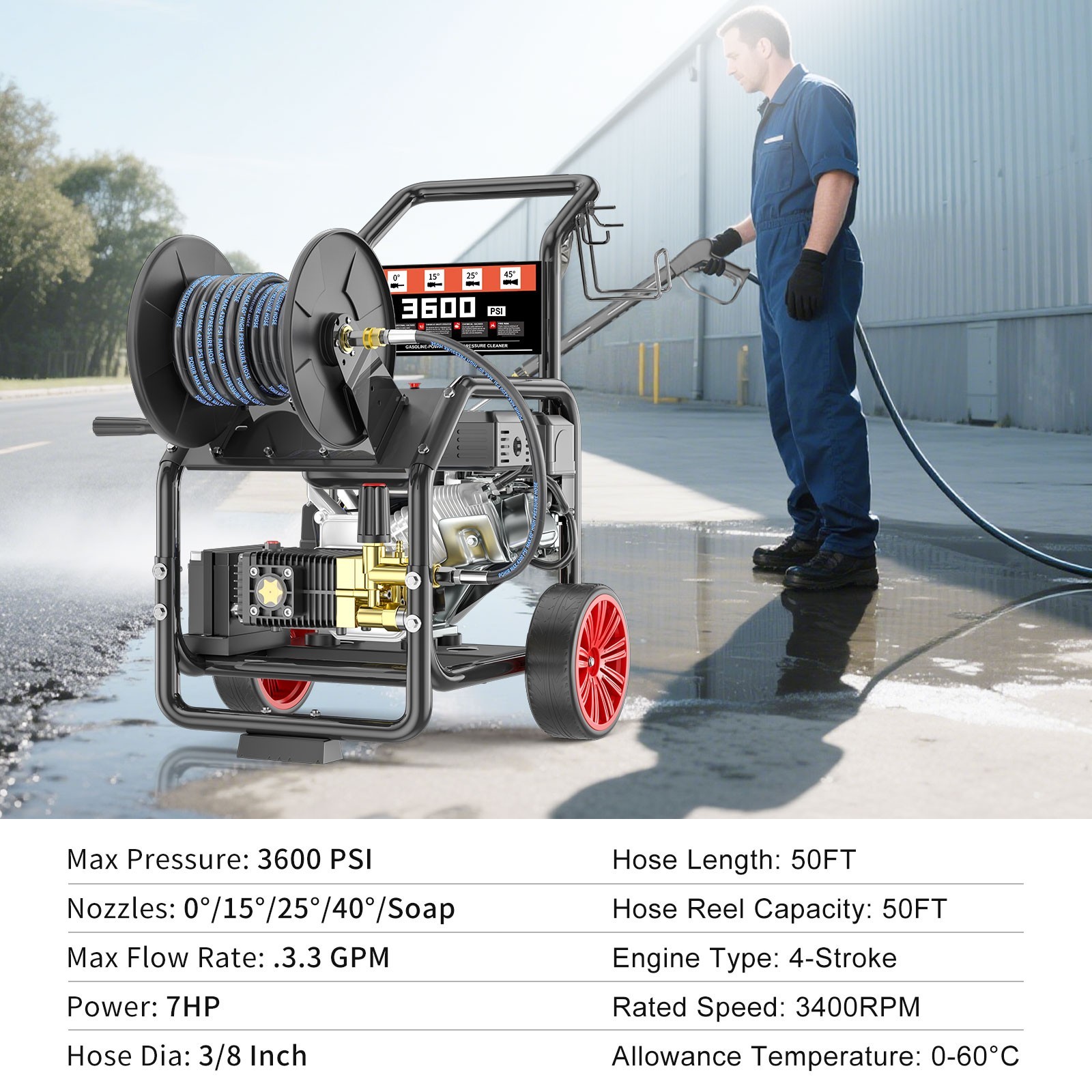 POHIR 3600 PSI 3.3 GPM Gas Pressure Washer w/ Electric Start 50FT Hose 5 Nozzles