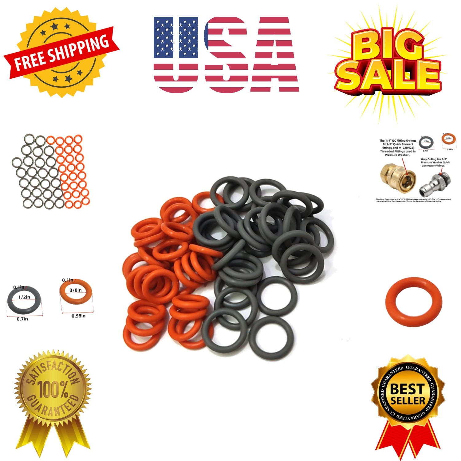 1/4″ & 3/8″ Pressure Washer QD Colored O-Rings 1/4”&3/8”25+25 50 Pack （Red+…