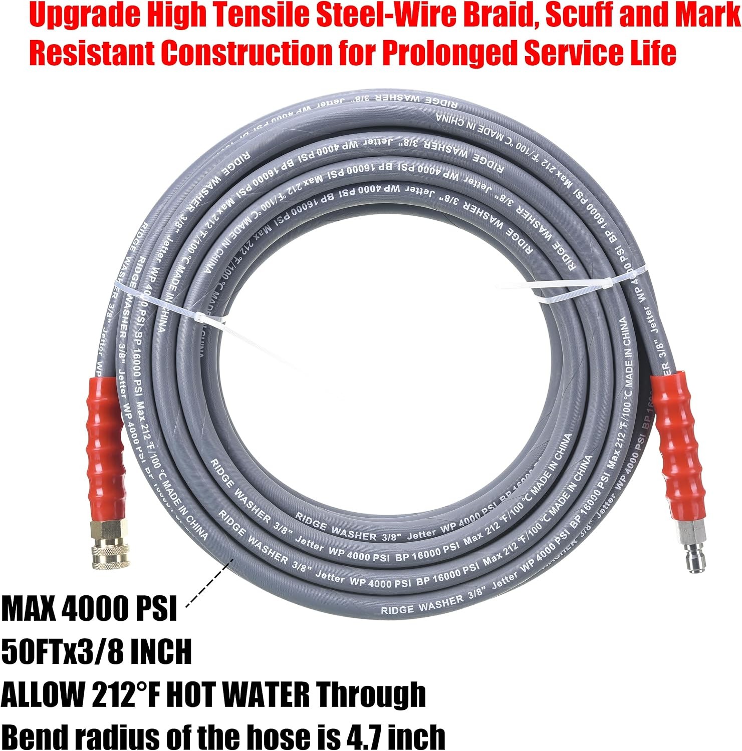 Pressure Washer Hose 50 Feet X 3/8 Inch for Hot and Cold Water with M22 14 mm to