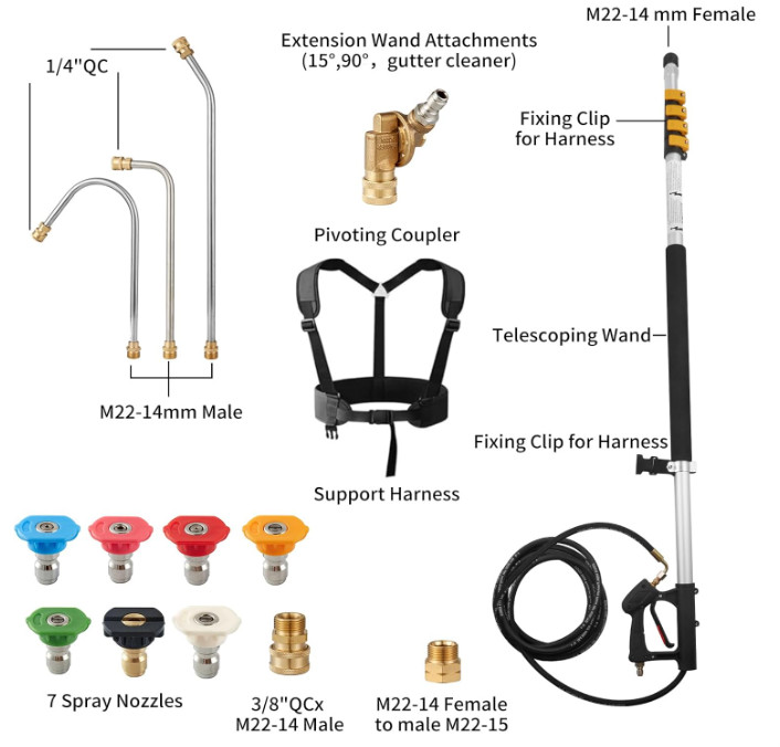 Extensión de hidrolavadora 24 ft con soporte, boquillas y limpiacanales