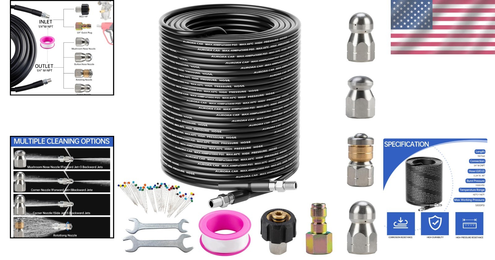 Complete 150FT Sewer Jetter Kit | High Pressure Drain Cleaner & Accessories