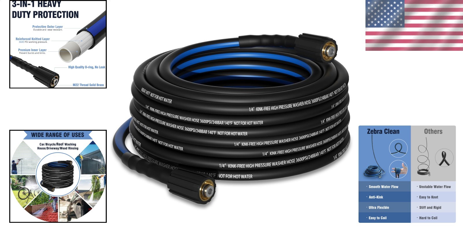 Replacement Pressure Washer Hose 25ft 3600 PSI Kink Resistant M22-14mm