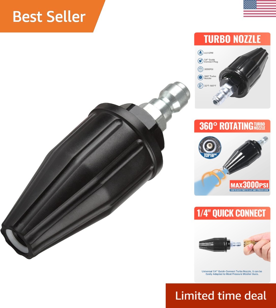Stainless Steel Turbo Nozzle 4.0 GPM – 360° Rotating for Powerful Dirt Removal