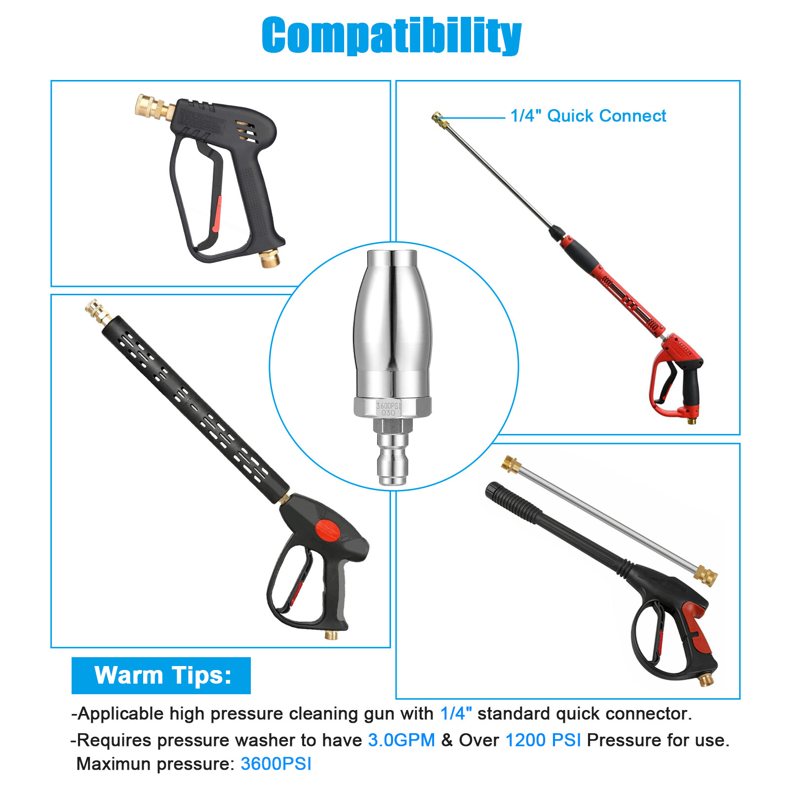 High Pressure Washer 3600PSI Rotating Turbo Nozzle Spray Tip 3.0 GPM 1/4” Quick