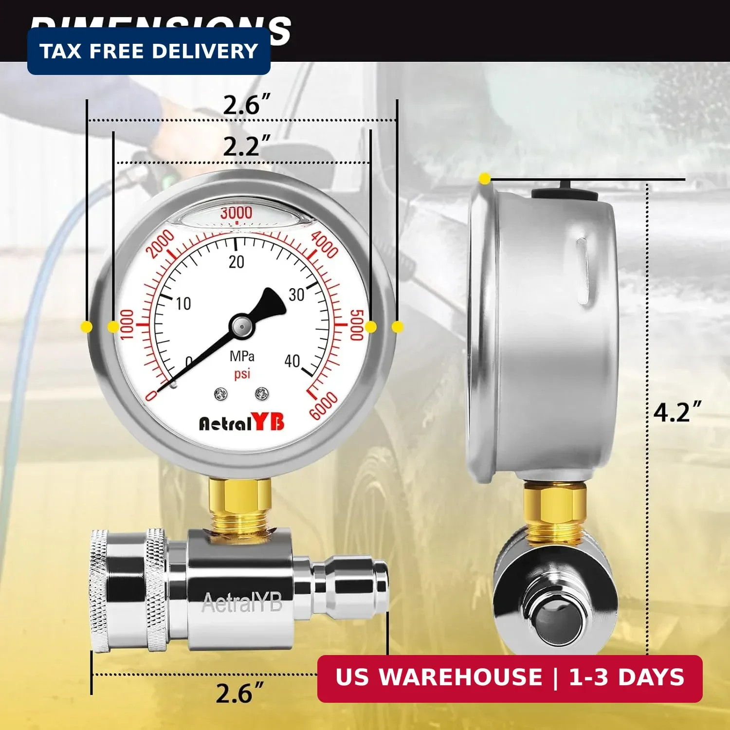 Pressure Washer Gauge with 3/8 Inch Quick Connect, Heavy-Duty Pressure Gauge for