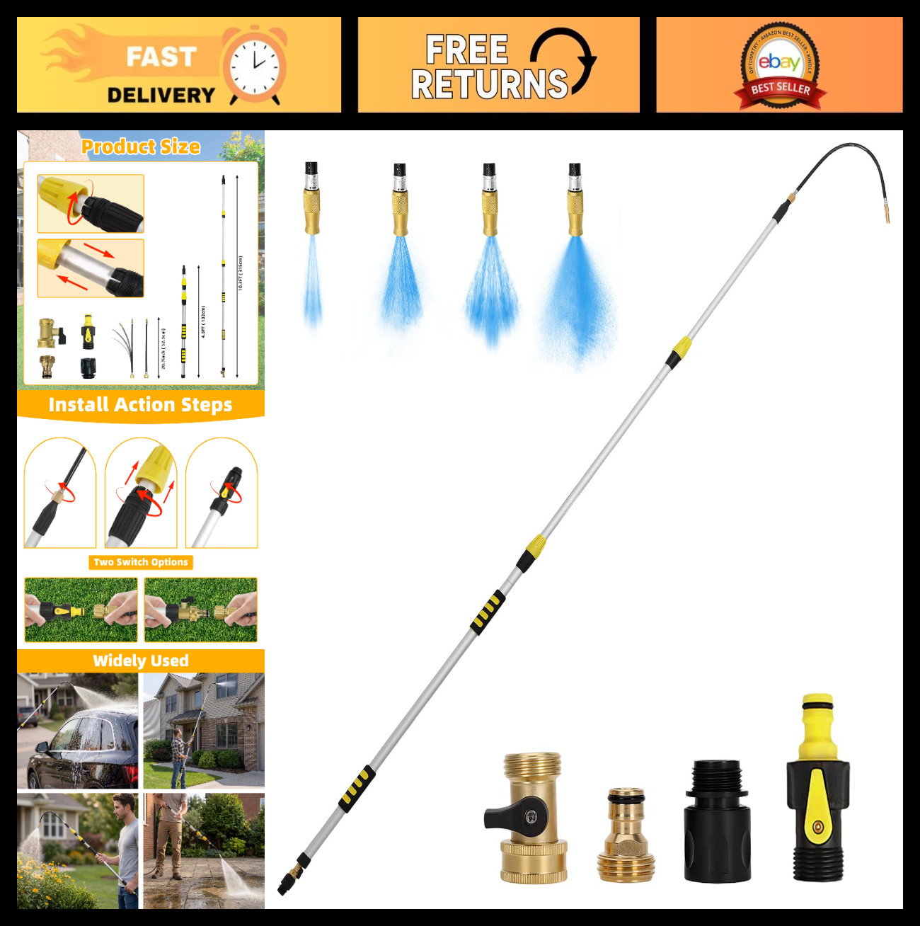 20FT Gutter Cleaning Tool with 360° Rotating Wand & Brass Shut-Off Valve – Safe