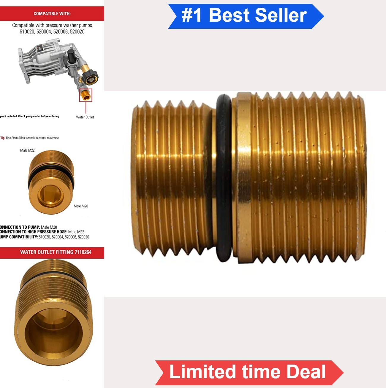 Pressure Washer Water Outlet Fitting M20 to M22 Anodized Aluminum O-Ring High